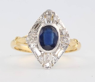 An 18ct yellow gold Art Deco style sapphire and diamond ring, the centre stone approx. 1.0ct size O 1/2