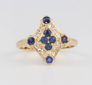 A yellow gold Art Deco style diamond and sapphire ring Size J