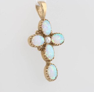 A 9ct yellow gold opal and seed pearl cross pendant 36mm x 20mm 
