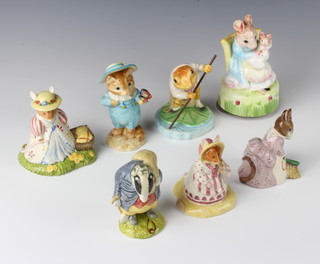 Two Royal Doulton Brambly Hedge figures - Shell DBH42 8.5cm and Mouse with basket 10cm, a Beswick Beatrix Potter figure Hunca Munca Sweeping 9cm, 2 Border Fine Art Beatrix Potter figures Tom Kitten 82438 11cm and Mr Jeremy Fisher A2434 10cm, a Royal Albert Beatrix Potter figure Tommy Brock 9cm and a Beatrix Potter musical figure 13cm 
