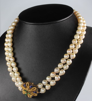 An 18ct yellow gold mounted guilloche enamel set double strand cultured pearl necklace together with a pair of ensuite ear clips and brooch by H Stern  