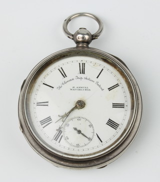A silver key wind pocket watch with seconds at 6 o'clock, the dial inscribed Climax Trip Action Patent by H Samual Manchester