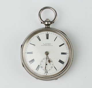 A silver keywind pocket watch with seconds at 6 o'clock, the dial inscribed D Goodman Snow Hill Wolverhampton  
