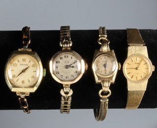 A lady's 15ct yellow gold wristwatch on a ditto bracelet, 2 9ct yellow gold wristwatches and 1 other 