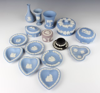 A Wedgwood blue Jasper tapered vase 10cm, 3 lidded boxes, 2 vases, 8 dishes, a circular lidded box and a shallow vase 