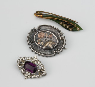 A Victorian silver brooch, an amethyst ditto and a jade bar brooch 