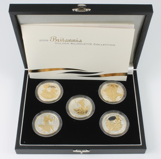 A cased set of 5 2006 Britannia golden silhouette crowns 