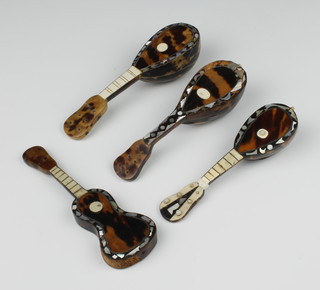 A tortoiseshell and bone mandolin 14cm, 2 ditto 13cm and a guitar 13cm 