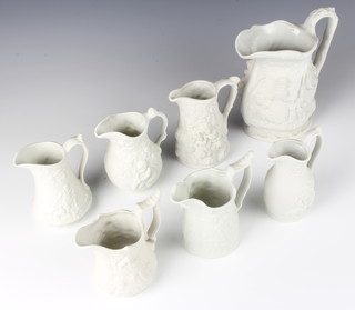 Seven Portmeirion Parian moulded jugs decorated with figures and flowers 