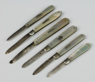 A Victorian silver and mother of pearl fruit knife Sheffield 1889 and 5 others