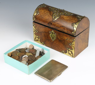 A Victorian walnut bone top tea caddy with brass mounts containing a quantity of coins etc