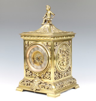 Japy Freres.  A 19th Century French 8 day striking mantel clock with silvered dial and Arabic numerals, contained in a gilt metal case surmounted by a figure of a child with serpent, raised on bracket feet 34cm h x 21cm w x 21cm d 