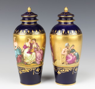 A pair of 19th Century Austrian oviform vases the dark blue and gilt ground decorated with a broad band of classical figures, signed A Heen 19cm 