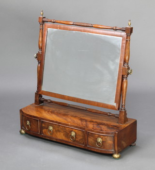 A 19th Century rectangular plate dressing table mirror contained in an inlaid mahogany frame, raised on a bow front base fitted 1 long and 2 short drawers 67cm h x 62cm w x 23cm d  