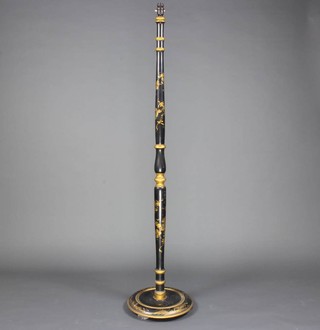 A 1930's Art Deco black lacquered chinoiserie style standard lamp raised on a turned base 158cm h x 37cm diam. 