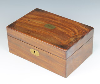 A Victorian rectangular mahogany vanity/trinket box with hinged lid and brass plate to the centre 10cm x 27cm x 18cm, the interior marked D Edwards 21 King Street Holborn 
