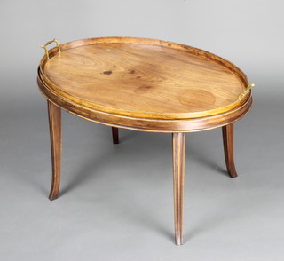 An Edwardian inlaid mahogany twin handled tray tray raised on a later associated base 50cm h x 80cm w x 54cm d 