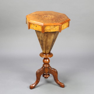 A Victorian inlaid walnut octagonal work table of conical form raised on carved cabriole column supports 73cm h x 41cm w x 40cm d  