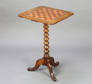 A Victorian rectangular mahogany games table, the top inlaid a leather chessboard raised on a bobbin turned column with tripod base 73cm h x 46cm w x 43cm d 