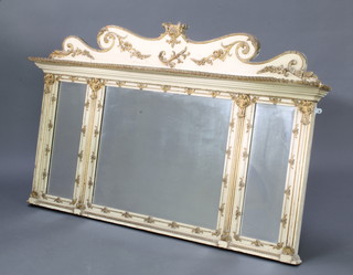 A 19th Century mahogany triple plate over mantel mirror contained in a gilt and white painted Louis style frame 78cm h x 129cm w x 14cm d 
