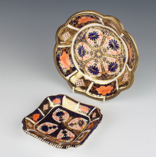 A Royal Crown Derby Imari pattern square dish 12cm, a circular scalloped do. 18cm 