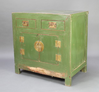 A Chinese green lacquered cabinet fitted 2 drawers above double cupboard with brass hinges and handles 93cm h x 94cm d x 59cm d 