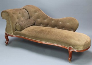 A Victorian mahogany show frame chaise longue upholstered in brown buttoned suede material, raised on cabriole supports 79cm h x 174cm w x 64cm 