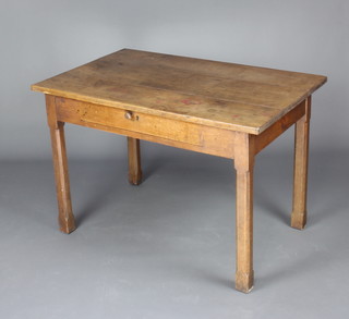 An 18th Century elm rectangular table, the top formed from 3 planks, fitted a frieze drawer and raised on square tapering supports 70cm h x 105cm l x 67cm w 