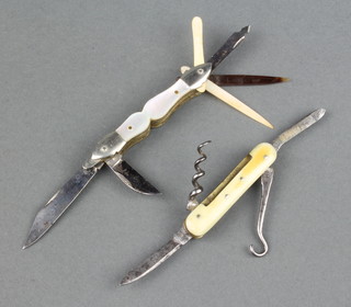 An early 20th Century Bohemian multi bladed knife with mother of pearl and white metal grip fitted 2 blades, nail file, boot hook, ivory spoon, toothpick/lancet tortoiseshell/ivory, together with a small 19th Century multi bladed knife with ivory effect grip 