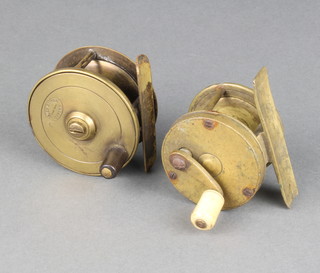 A rare brass multiplier winch fishing reel 5cm together with a plate wind trout fly reel by James W Innes of Oxford 5cm 