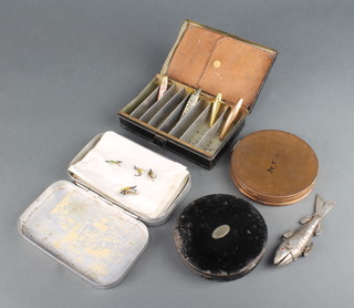 A Hardy vintage fly/cast box containing flies 2cm x 13cm x 8cm, a circular Hardy cast box 2cm x 10cm, a rectangular lure box containing a collection of lures 3cm x 15cm x 9cm and a circular copper cast box  10cm 