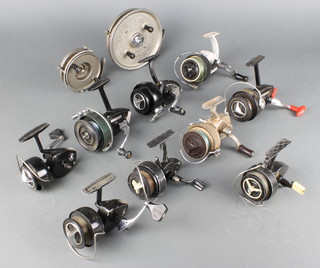A Maximia centre pin fishing reel 12cm, a Gemini centre pin fishing feel 8cm, an Allcocks Delmatic Mk 2 fishing reel, an Ambidex casting reel, an Intrepid Elite fishing reel, 2 Intrepid Black Prince reels, do. Standard, do. Extra, do. New Deluxe and 1 other Deluxe