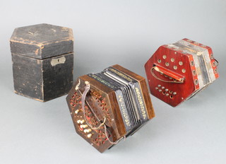 A 19th Century rosewood and leather concertina with 19 ivory buttons (2 buttons missing) contained in original wooden box and 1 other concertina with 21 buttons (6 buttons missing) 
