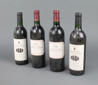 Two bottles of 1996 Chateau Les Hauts de Pontet Pauillac, 2 bottles of 1997 Domaine de Terraza merlot 