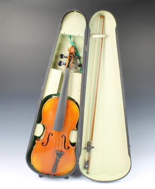 An unlabelled violin with 2 piece back 35.5cm complete with bow 