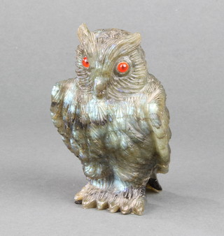 A Labradorite carved hardstone figure of a seated owl with carved hardstone eyes 10cm x 5cm x 3cm 