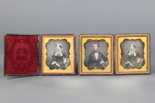 A 19th Century daguerreotype of a seated lady, contained in a plush leather frame 8cm x 7cm and 2 others lady and gentleman 8cm x 7cm (hinge mounts missing) 