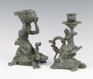 A 19th Century bronze ornament in the form of a seated merman riding a turtle supporting a shell 14cm h x 10cm w x 6cm d and 1 other in the form of a mermaid 15cm h x 9cm w x 6cm d 
