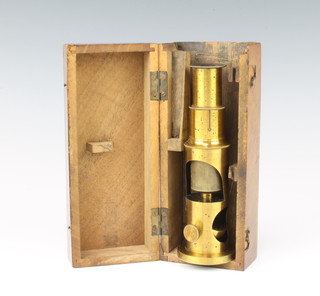 A students 19th Century brass single microscope contained in a mahogany case (f)
