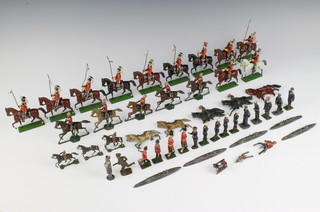 A collection of lead soldiers including 10 mounted lancers (some damaged), 2 Naval officers, 2 ratings (some paint damage), 4 Royal Marines (arms damaged), 5 lead battleships, 8 mounted figures all damaged, 3 horses, 2 highlanders (arms damaged) and 9 other figures 
