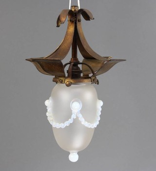 An Art Nouveau opaque and vaseline glass and gilt metal light fitting 37cm h x 23cm 