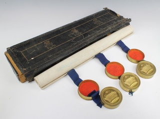 A Victorian grant of arms to Richard Cardwell of Blackburn the base with 3 seals contained in a wooden and black leather case (damaged)

