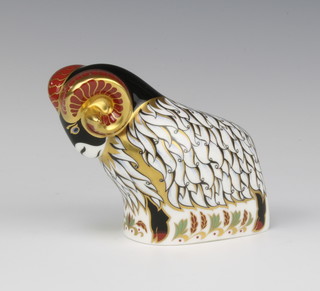 A Royal Crown Derby Imari pattern paperweight in the form of a Derby ram with gold stopper, boxed 8cm 
