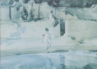 Sir William Russell Flint (1880 - 1969) a pair coloured prints, figures by a stream and a lady entering a boathouse  24cm x 33cm latter with signed letter en verso