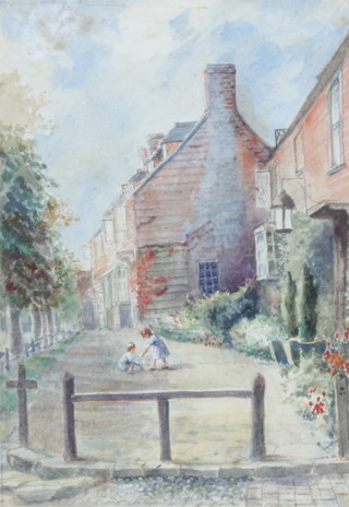 An Edwardian watercolour, unsigned, children playing in a village street 28cm x 19cm 