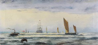 P Whittock, oil on canvas, a maritime study with ships and boats in a busy harbour, unframed 36cm x 76cm 