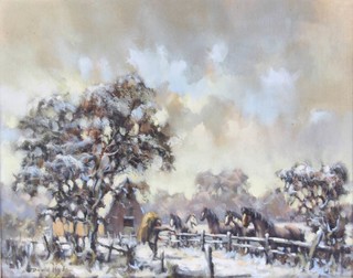 David Hyde (1947), oil on canvas, signed, winter rural scene with horses 39cm x 49cm 