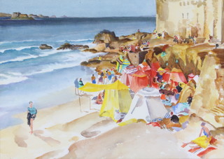 F Russell Flint (1915-1977) watercolour, unsigned, Continental beach scene with figures 28cm x 38cm 