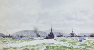 Herbert C Ahier, 1944, watercolour, signed, naval vessels off a coastal scene 19cm x 36cm 