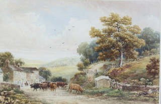 Richard Smith, 1885, watercolour, rural scene with cattle in a village street 23cm x 34cm 